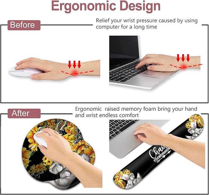 Mouse Pad with Wrist Support,Ergonomic Gel Smouse Pad Cute Baby Elephants with Sunflower Office Easy Typing Games to Relieve Fatigue, Non-Slip and Durable Memory Foam Keyboard Wrist Rest,(Pack of 3)