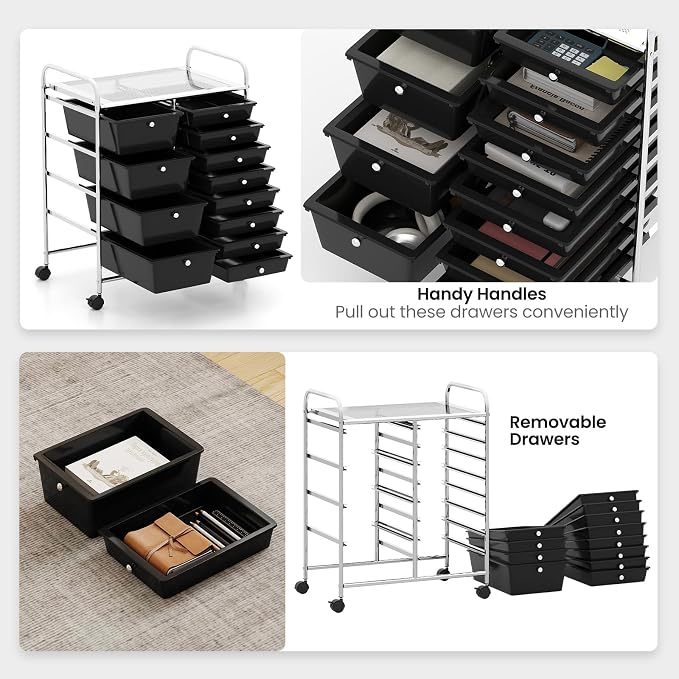 RELAX4LIFE 12-Drawer Rolling Storage Cart - Mobile Utility Drawer Carts with Wheels, Craft Organizers Cart for Classroom Organization and Storage, School, Office, Home
