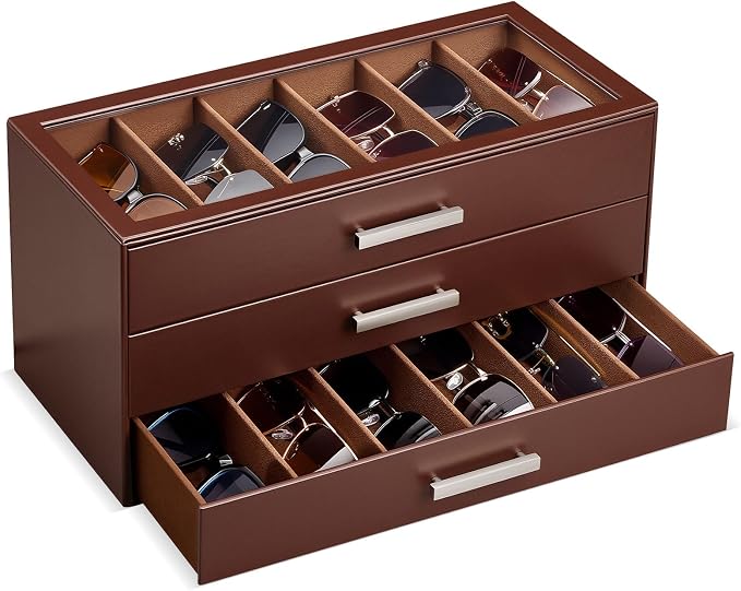 ProCase Sunglasses Organizer Box with Clear Glass Lid, PU Leather Eyeglass Storage Display Case for Men and Women