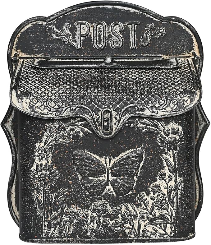 Mailbox Wall Mount Mailboxes for Outside Vintage Mail Boxes for House Outside Metal Drop Box Antique Style Nostalgic Charm Home Decorative, Butterfly Pattern, Black