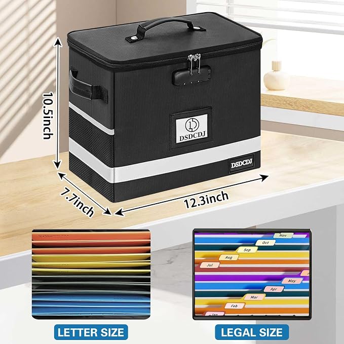 Fireproof Document Box - Fireproof File Organizer with Lock, Portable File Box with Handle, Portable Home Office File Cabinet for Hanging Letter/Legal Folder (12.3 x7.7 x10.5in)
