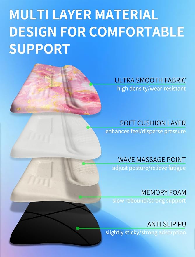 Ergonomic Wave Wrist Rest with Keyboard Stand, Cushioned Palm Rest, Comfortable Integrated Memory Foam for Natural Typing and Relieve Wrist Pain, Pink Gold Marble