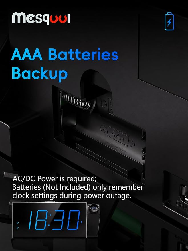 Digital Projection Alarm Clocks for Bedrooms - Large LED Display, 180° Rotatable Projector, 5-Level Dimmer,USB Charger,Battery Backup,Loud Dual Alarms for Kids Elderly,Heavy Sleepers,Snooze,12/24H,DST