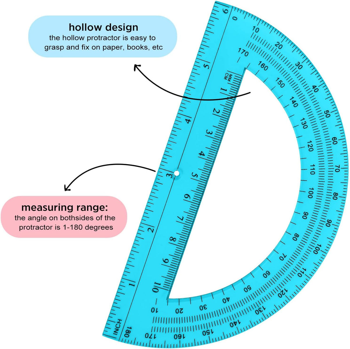 Zonon 3 Pack 6 Inch Plastic Protractor Back to School Protractors 180 Degrees Pink Blue Clear Protractors for Classroom Math Teacher Student Office Supplies
