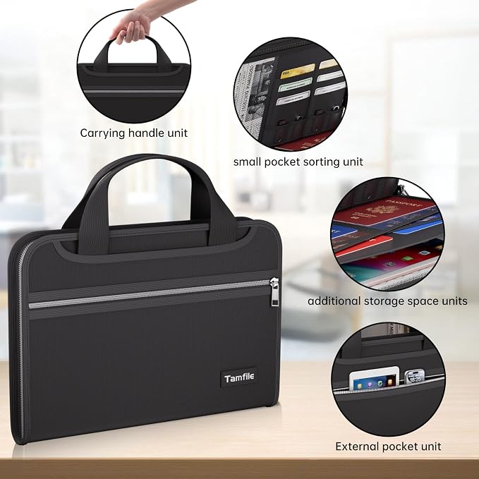 Tamfile Fireproof Accordion File Organizer, Expanding File Folder, Black | 13 Pocket Colorful, Handle, Zipper & Labels, Multi-Pockets Paper Organizer, for Letter A4 Files, Home, Office, School