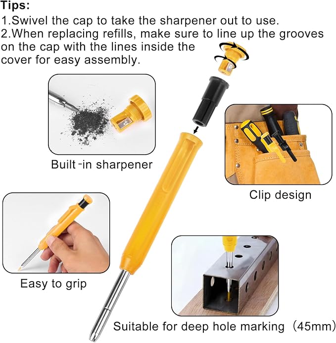 MECHEER 2 Pack Carpenter Pencils Construction Pencil with 12 Refills, Mechanical Carpenter Pencils with Built-in Sharpener, Long Nib Deep Hole Heavy Duty Woodworking Pencil Marker (Black, Yellow)