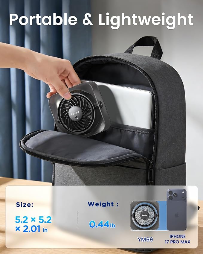 EasyAcc USB Small Desk Fan, Fan for Slumber Pod Long Cable 5ft, Turbo Powerful Airflow, 3 Speeds Portable Mini Desk Travel USB Fan for Sleeping Cruise Ship Dorm Bedroom Office Airplanes (No Battery)