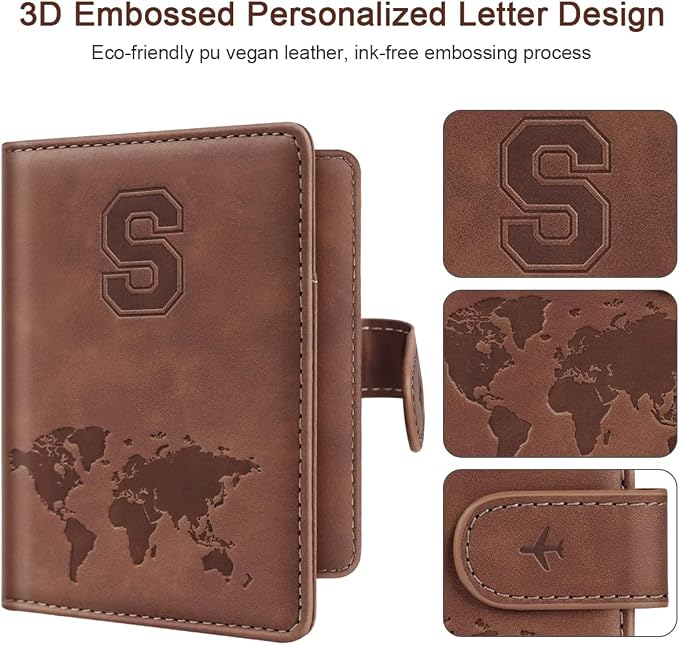 Passport Holder Wallet Cover Personalized Initial Travel Essentials | Embossed Letter A-Z Design, Travel Wallets, RFID Blocking, Passport Book Holders, Women Men, Personalized Gifts, Brown-S