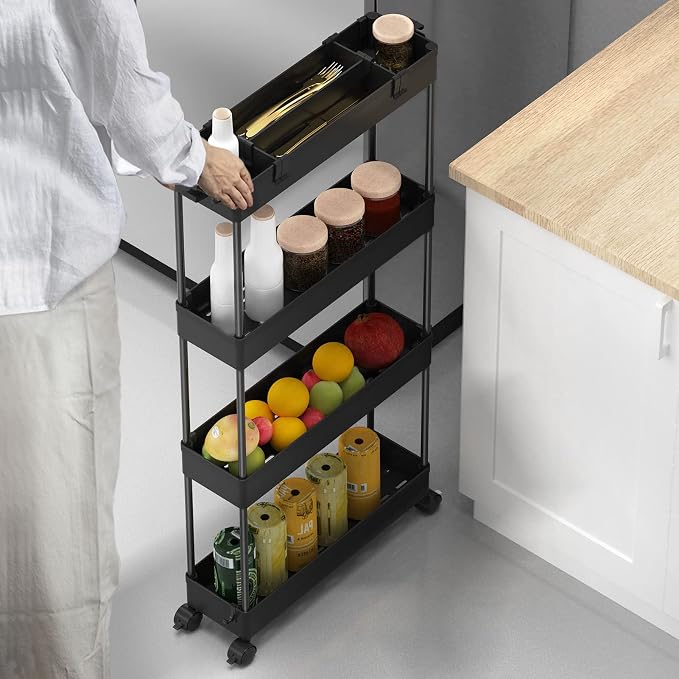 Slim Storage Cart 4 Tier,Bathroom Organizer Rolling Utility,Mobile Shelving Unit Slide Out for Office, Kitchen, Laundry Room & Narrow Places,Black