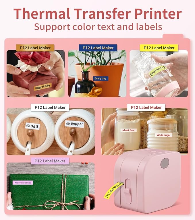 Phomemo Label Maker Machine with Tape, P12 Bluetooth Small Label Makers with Multiple Templates Ribbon Printer Machine for School, Name Tag, Home, Office, Kitchen, Gift Wrap, Pink