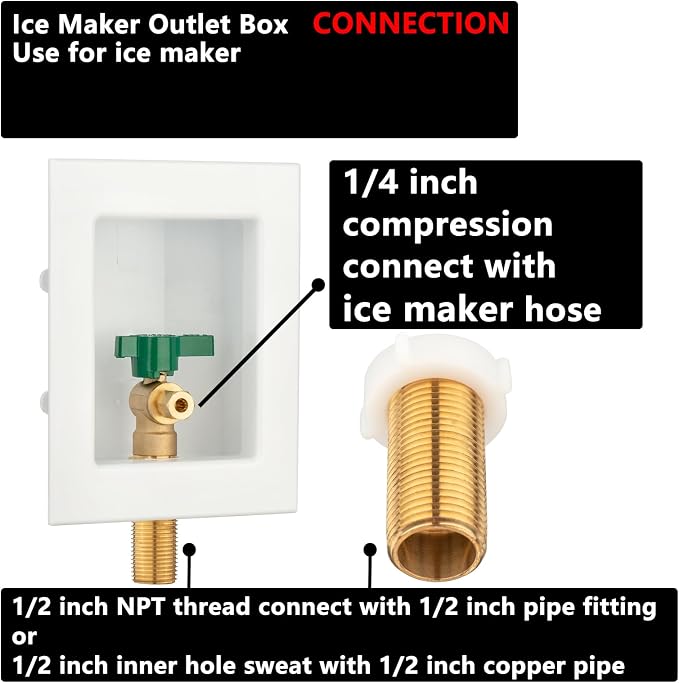 (1 Pack) Lidertik 1/2 NPT inch Thread or Sweat Pre-Assembled Ice Maker Outlet Box Valve 1/4 inch Recessed Refrigerator Water Line Wall Box with Shut Off Valve LI-ZBQH-510