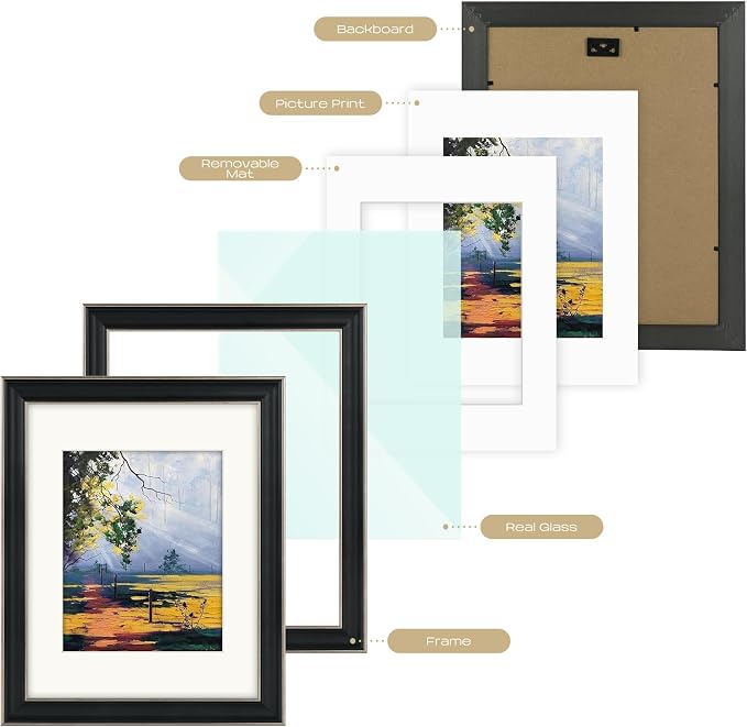 Golden State Art, 11x14 Photo Frame with Mat for Pictures 8x10 and Real Glass (Silver-Beige with Black-Dark Brown Inner Panel & Pewter Panel with Ivory Color Mat, 1.25 Inch Frame Border)