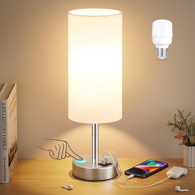 Dicoool Bedside Table Lamp for Bedroom - 3-Way Dimmable Touch Lamp, USB A+C | LED Bulb Included, 14" Small Nightstand Lamp for Desk, Living Room, Guest Room, White Fabric Lampshade, Silver Metal Base