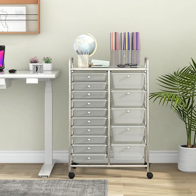 BECOMFORT 15-Drawer Rolling Cart with Drawers, Storage Cart on Wheels, Teacher Classroom Organizers with Metal Frame, Mobile Craft Cart for Tools, Trolley Utility Cart for School Office Play Room