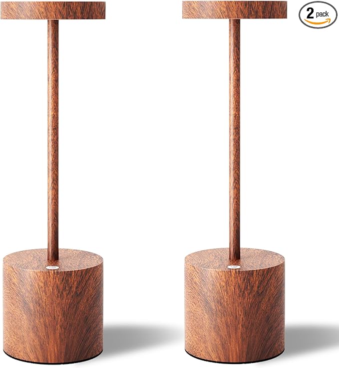 TBBGA LED Cordless Table Lamps Set of 2, 5000mAh Rechargeable Table Light | Portable Outdoor Table Lamp, 3 Color Stepless Dimming Battery Powered Lamp for Dinner/Patio/Restaurant/Bedroom (Wood Grain)