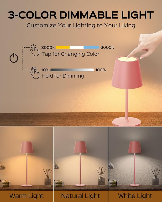 JACKYLED Cordless Table Lamps Rechargeable, 3 Adjustable Height, 5000Capactiy Opwer Operated, 3 Colors Smooth Dimming, Portable LED Waterproof Table Lamp for Dining, Bedroom, Outdoor ((2 Pack Pink)