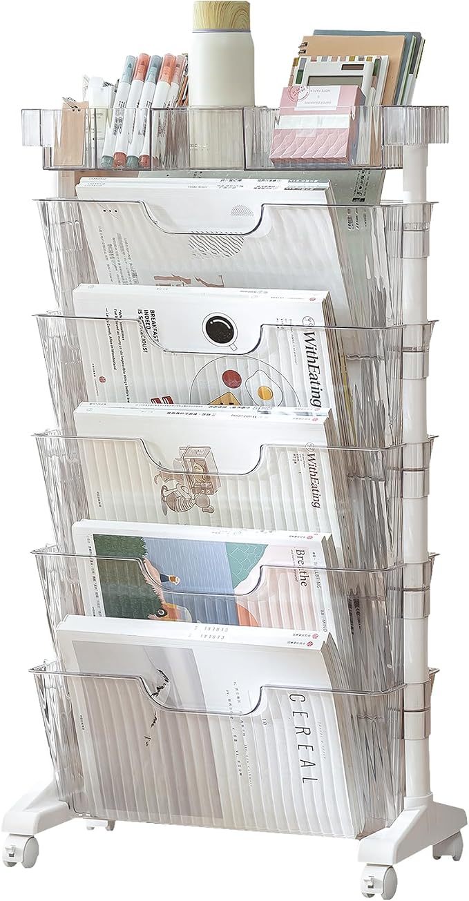 5 Tier Rolling Book Cart Multi-Functional Movable Storage Bookshelves | rolling bookshelf,Movable Storage Bookshelves with Lockable Wheels for Study Office Library Classroom,