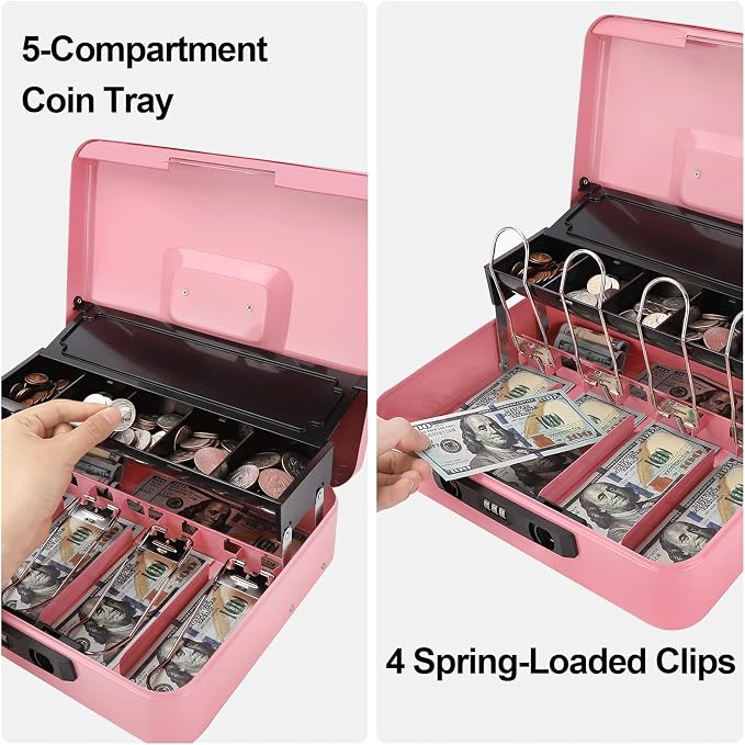 Jssmst Locking Cash Box with Money Tray and Coin Lid, 11.8L x 9.5W x 3.5H Inches, Cash Box with Combination Lock Safe Money Saving Organizer Box, Pink, XLarge
