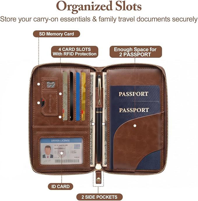Family Passport Holder for Travel Women and Men RFID Passport Holder with Zipper Passport Case Passport cover Passport Wallet Travel Essentials and Accessories(1-2, Dark Brown)