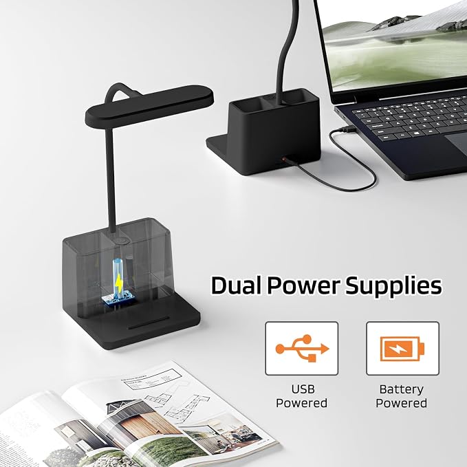 Black LED Desk Lamp, Battery Operated Small Table Light for Dorm Room | Rechargeable, Battery-Powered, Cute, Dimmable, Gooseneck, Pen Holder, Touch Control, for Home Office Bedroom Desktop