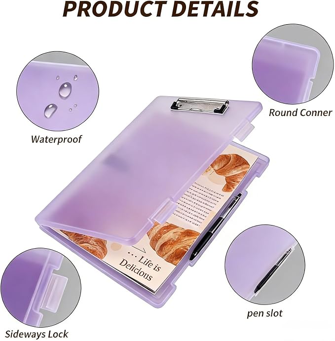 Clipboard with Storage, Clear Purple Plastic Clipboard with Side Opening, Waterproof Foldable Heavy Duty Nursing Clip Board for School & Office, Letter Size/ A4 with Christmas Stickers (Clear Purple)