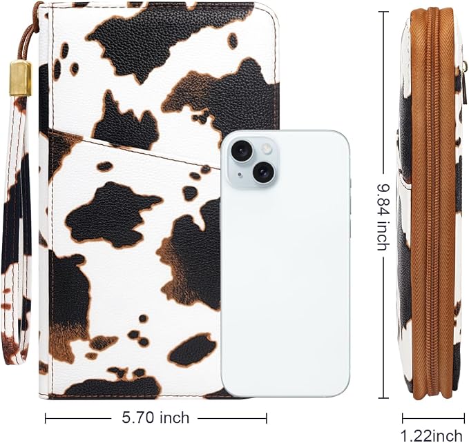 Family Passport Holder Wallet RFID Blocking Document Organizer | PU Leather Mulit-purpose Travel Wallet Credit Cards Case for Women Men, Cow Print