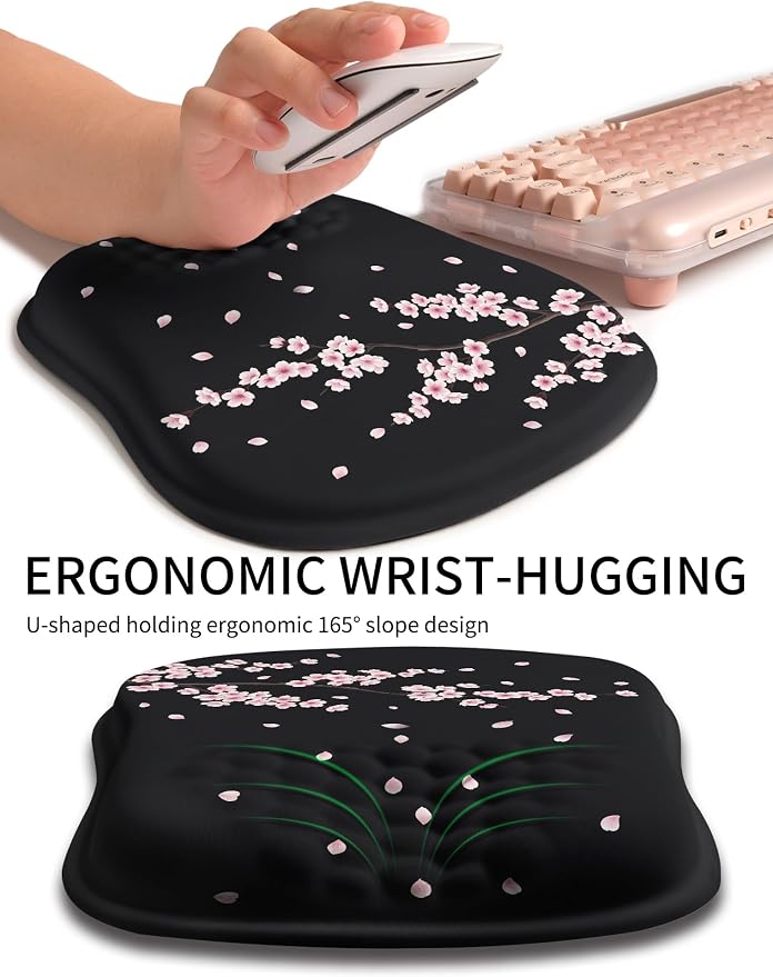 Hokafenle Ergonomic Wrist-hugging Mouse Pad Wrist Support, U-shaped Holding Wrist Rest Mousepad for Carpal Tunnel Pain Relief with Cushioned Memory Foam Slope Massage Bulge (10.2x8.3 in,CherryBlossom)