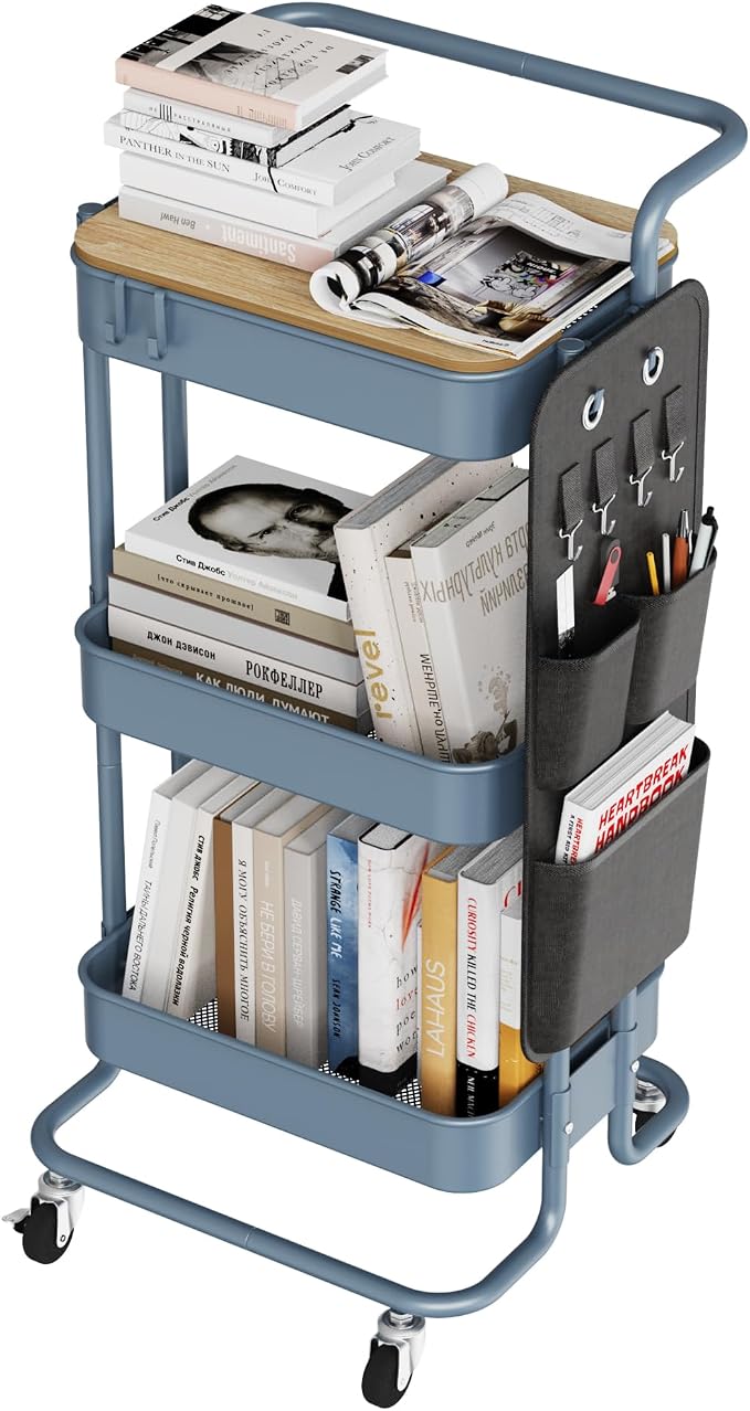 DTK 3-Tier Rolling Cart with Table Top, Metal Utility Cart with Side Bags | Tray Storage Organizer, Lockable Wheels, 4 Hooks, Art Cart for Kitchen, Bathroom, Office, Craft room, Living room, Blue