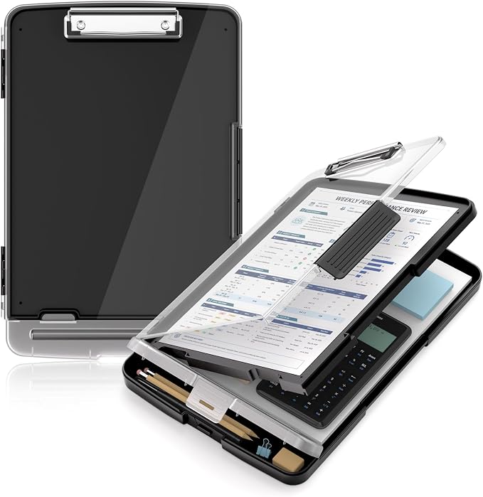 Clipboard with Storage and Pen Holder, Black 8.5 x 11'' Folder Side Open, Heavy Duty with Dual Compartment, Clear Dry Erase for Coach, Size 14.5 x 9.8 x 1.5'', Office & School Supply