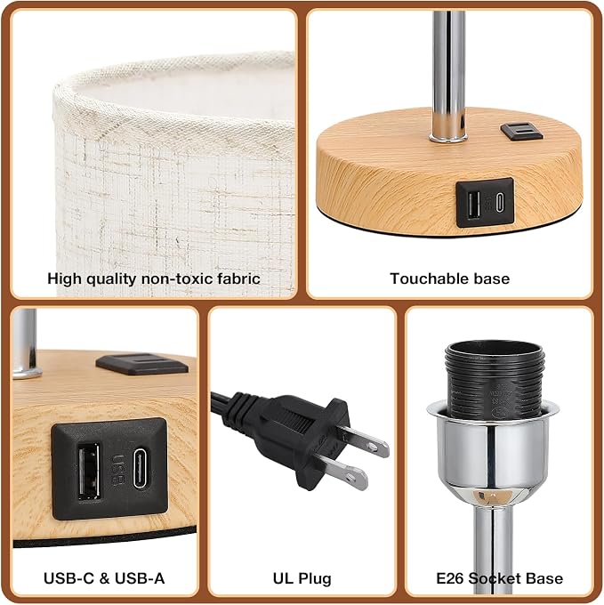 Dicoool 17.4" Bedside Lamp for Bedroom - Dimmable Touch, USB A+C, AC Outlet | LED Bulb Included, 3-Way Dimmable, 17.4" Table Lamp for Guest Room, Living Room, Fabric Lampshade, Wood-Grain Metal Base