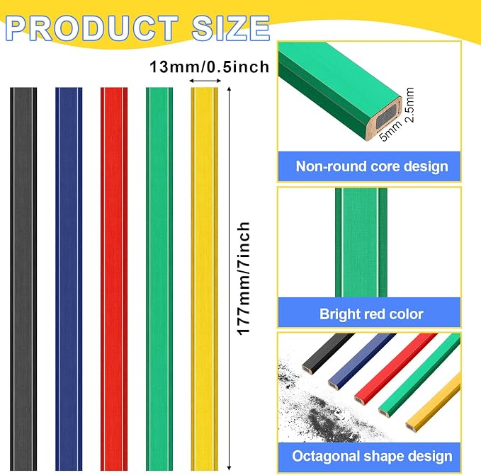 Mimorou 200 Pcs Carpenter Pencil 7 Inch Flat Octagonal 5 Colors Hard Black Carpenter Pencils Construction Contractor for Wood Working Marking and Concrete Marking Tools