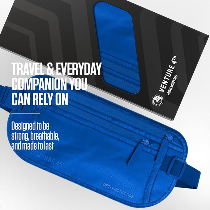 VENTURE 4TH Travel Money Belt, RFID Blocking Passport Holder - Sleek Blue