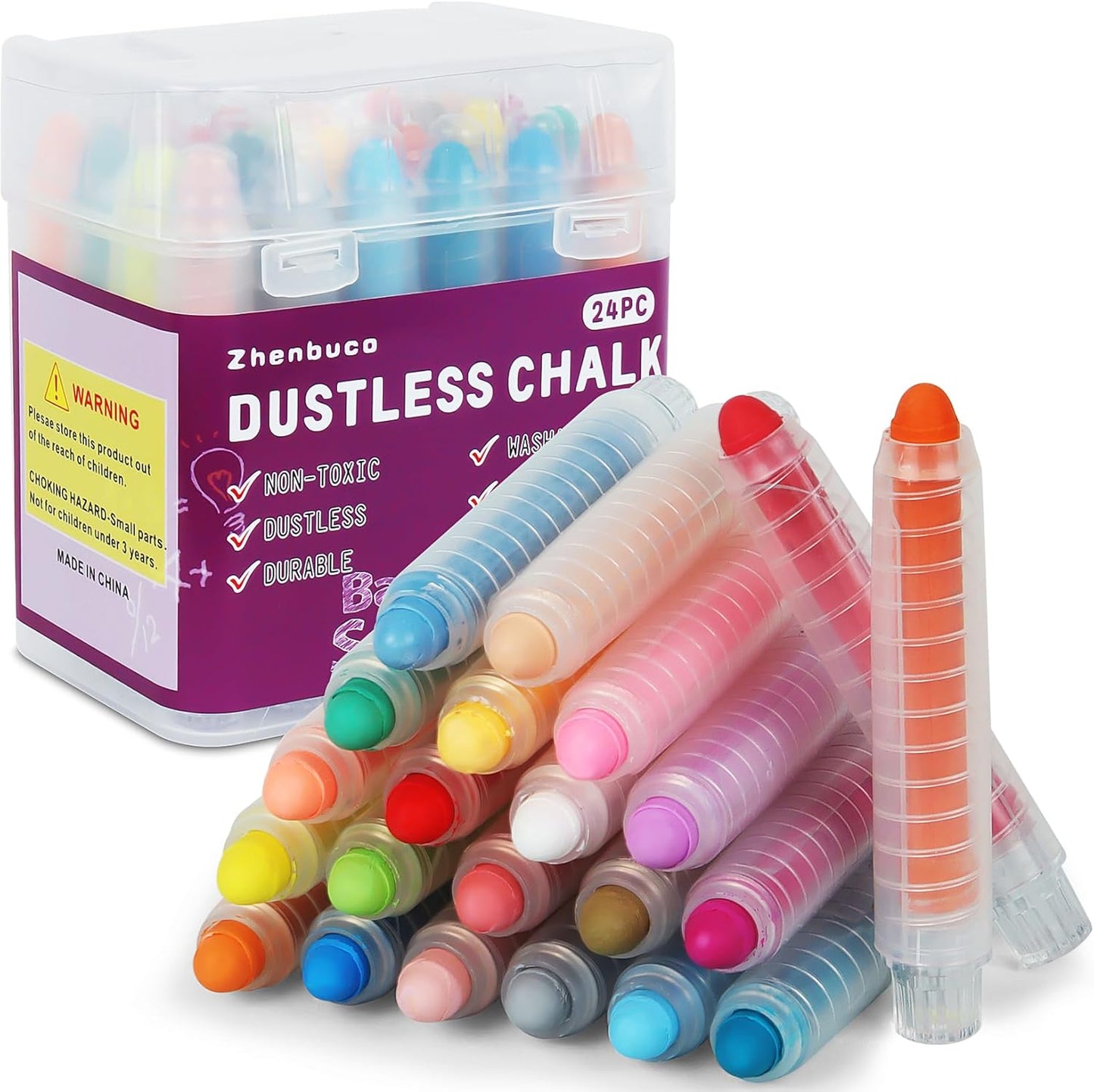 Sidewalk Chalk for Kids - 24 PCS Colored Non-Toxic Twistable Dustless Chalk with Holder, Dust-free Washable Toddler Chalk for Chalkboard Drawing Writing (Plastic Box-Packed)