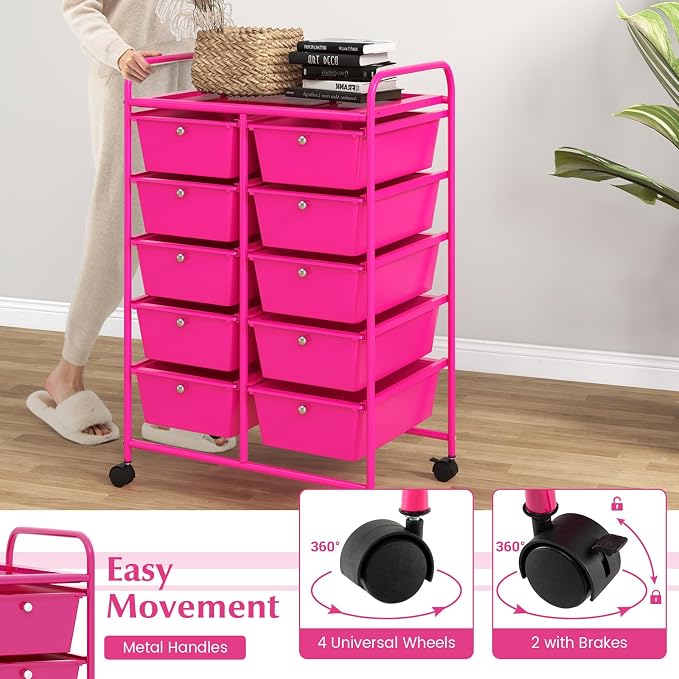 10 Drawer Rolling Cart, Storage Cart Organizer on Wheels, Drawer Cart with Metal Frame & Large Storage Capacity, Rolling Cart with Drawers for Living Room Classroom, Office