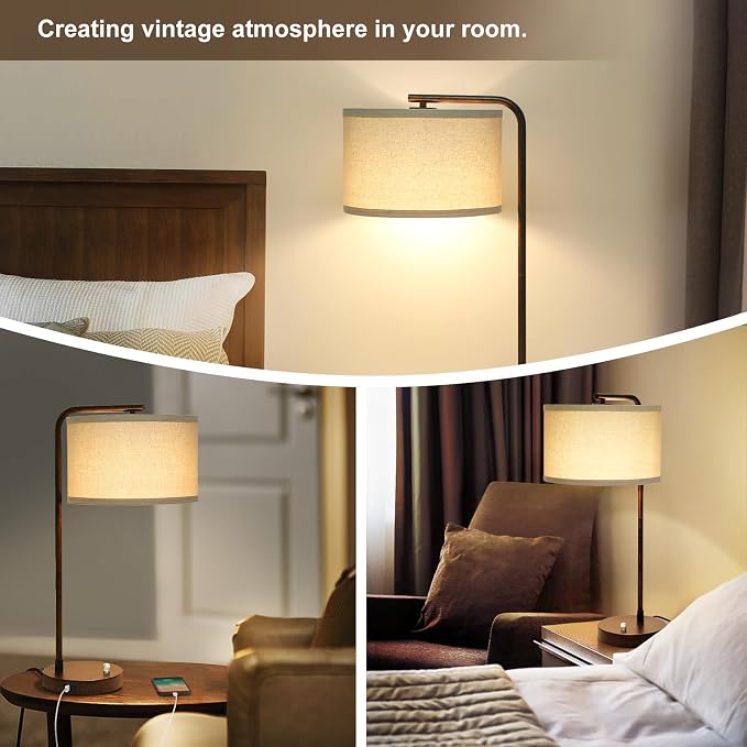 Vintage Table Lamp, Fully Dimmable Bedside Lamp with C+A USB Charging Ports | 25" Farmhouse Bedside Lamp Nightstand Light, Tall Reading Desk Lamp for Living Room Bedroom Office, LED Bulb Included