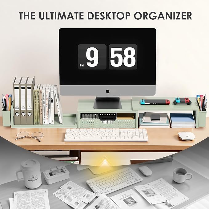 Desk Organizers and Accessories, Dual Monitor Stand Riser with Drawer and 2 Pen Holders, Desk Shelf Computer Monitor Stand for Office Workspace Organizers, Desktop Organization (Sage Green)