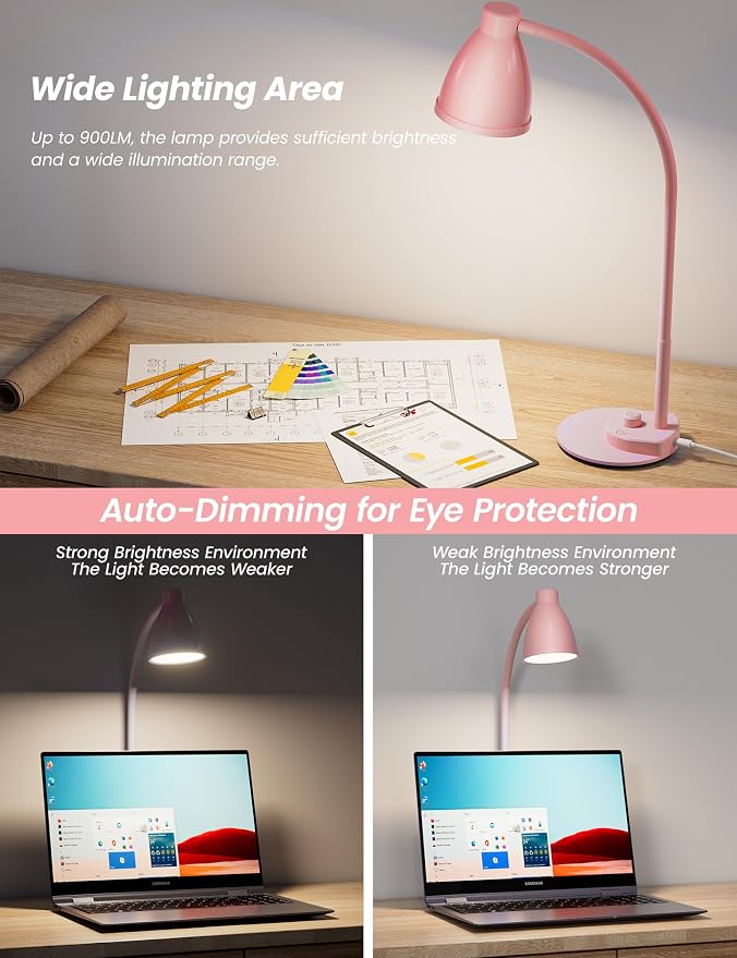 BOHON Cute Desk Lamp with USB Charging Port, 3 Color Modes Dimmable, Pink | Pink Lamp LED Reading Lamp, Flexible Neck Auto Dimming Table Task Light for Home Office Dorm Bedside