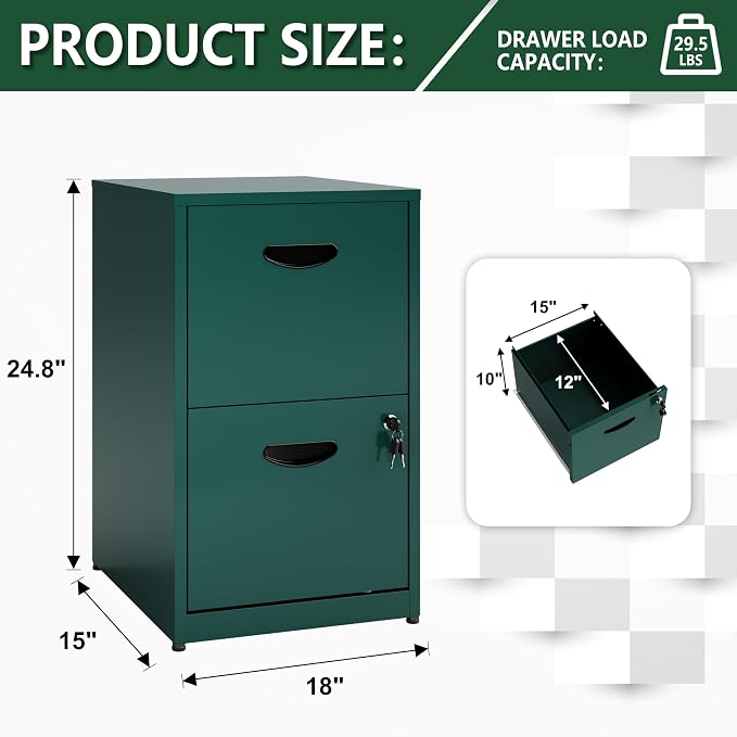 Polup 2 Drawer File Cabinet with Lock, Metal Filing Cabinet for Home Office | Small Locking Cabinet for Under Desk Storage, Printer Stand, Fits Letter Size, Green, 26"H x 15"W x 18"D, Easy Assembly