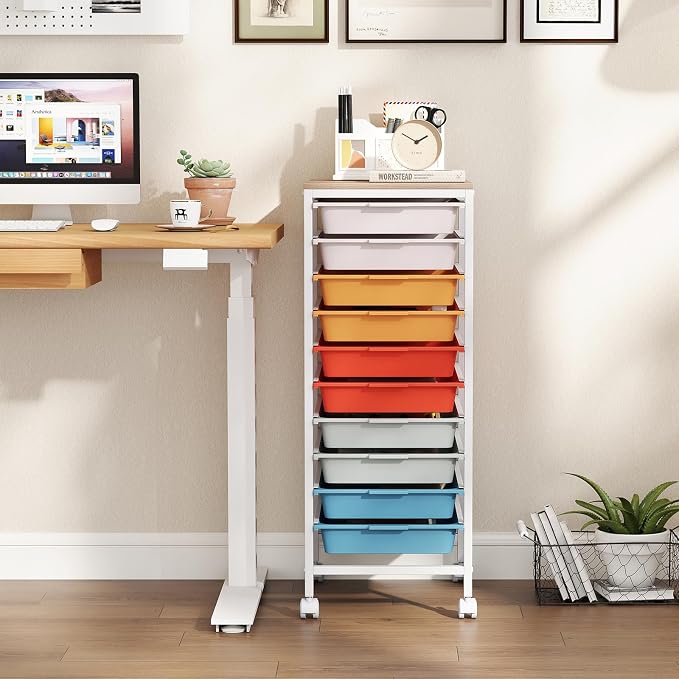 Giantex Rolling Storage Cart with 10 Drawers, Utility Cart w/Wooden Tabletop, Lockable Wheels, Multipurpose Organizer for Art Craft Books Paper, Drawer Carts for Dorm Classroom Office, Macaron
