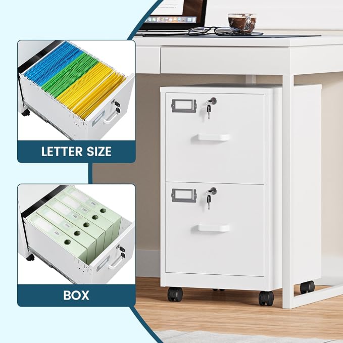 MIIIKO 2 Drawer File Cabinet with Lock, Metal Vertical Filing Cabinets for Home Office, Lockable File Storage Cabinets Under Desk, A4/Letter File Folders Storage-Assembly Required
