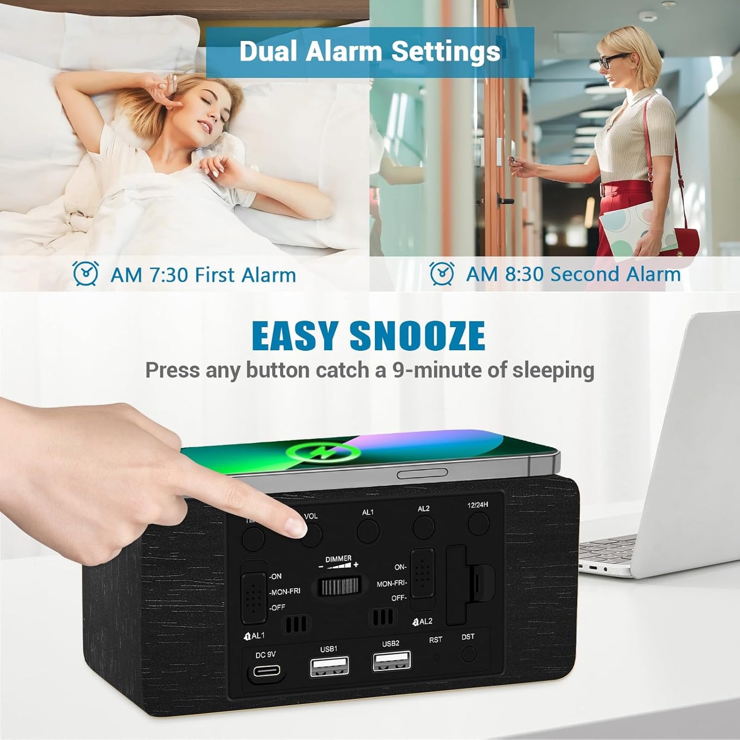 Wood Digital Alarm Clock with 10W Fast Wireless Charger, USB Charging Ports, DST, Dimmable, Snooze, Large Number LED Display for Bedrooms, Desk, Living Room Table, Bedside, Nightstand (Black)