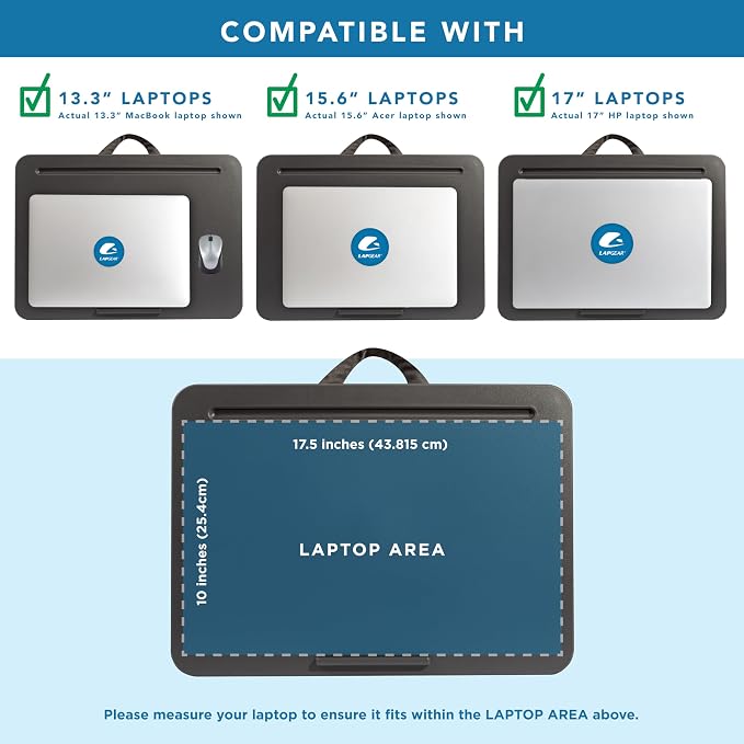 LAPGEAR The Original Lap Desk – Charcoal, Fits 17" Laptops | Microbead Cushion, Device Ledge, Built-In Pencil Tray, Carry Handle