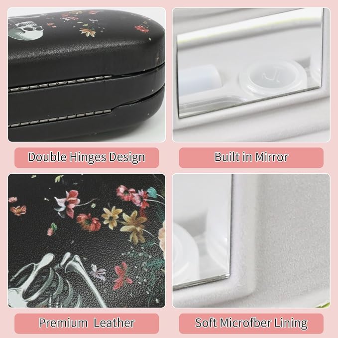 2 in 1 Contact Lens Case and Eyeglasses Case for Women Men Kids, Double Sided Hard Shell Portable Glasses Travel Holder with Built-in Mirror, Contact Lens Box Storage Kit (Black Skull)