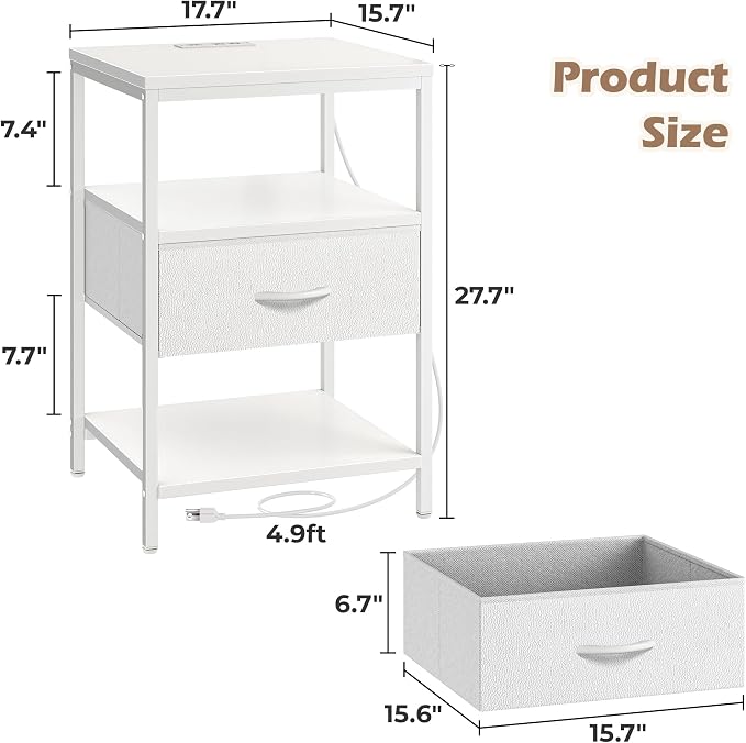 SUPERJARE Nightstand with Charging Station, USB-C Port, Bedside Table | 27.7 Inch Tall Nightstand with Adjustable Fabric Drawer, Large Dresser for Bedroom, Living Room, White