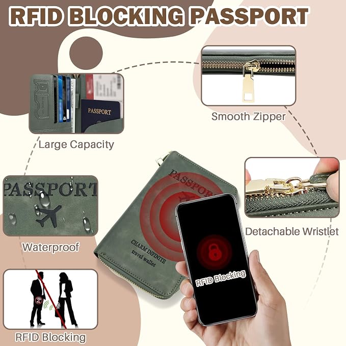 RFID Blocking Passport Wallet, PU Passport Holder for Travel, Pink | Anti Theft Wallet with Tracker Case, Concealed Travel Document Organizer, Wristlet Strap Zipper Pouch, Gifts for Women Men