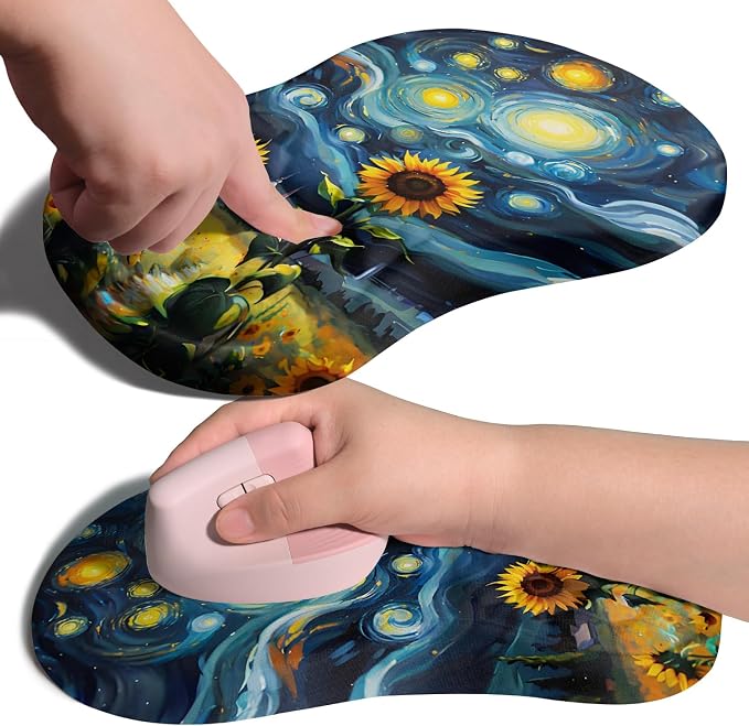 Ergonomic Joint Wrist Support Mouse Pad with Memory Foam Cushion Massage Bump, Carpal Tunnel Pain Relief Mousepad Slope Design for Wrist Rest, 11.8x7.9 in, Sunflower