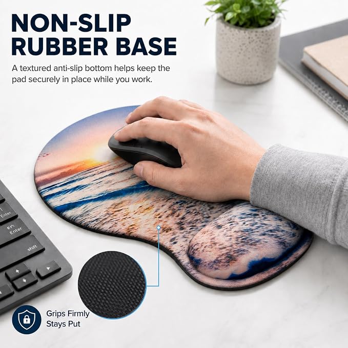 Mouse Pad with Wrist Rest Ergonomic Memory Foam Support, Non-Slip Rubber Base, Comfortable Typing Cushion for Home Office Computer Laptop, Beach
