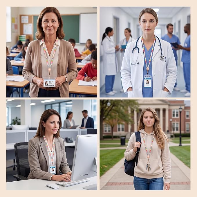 Teacher Lanyard for ID Badges Wooden Beaded Lanyard with ID Holder for Teachers Doctors Office Staff in Schools, Hospitals, and Workplaces Carrying Keys or Access Cards