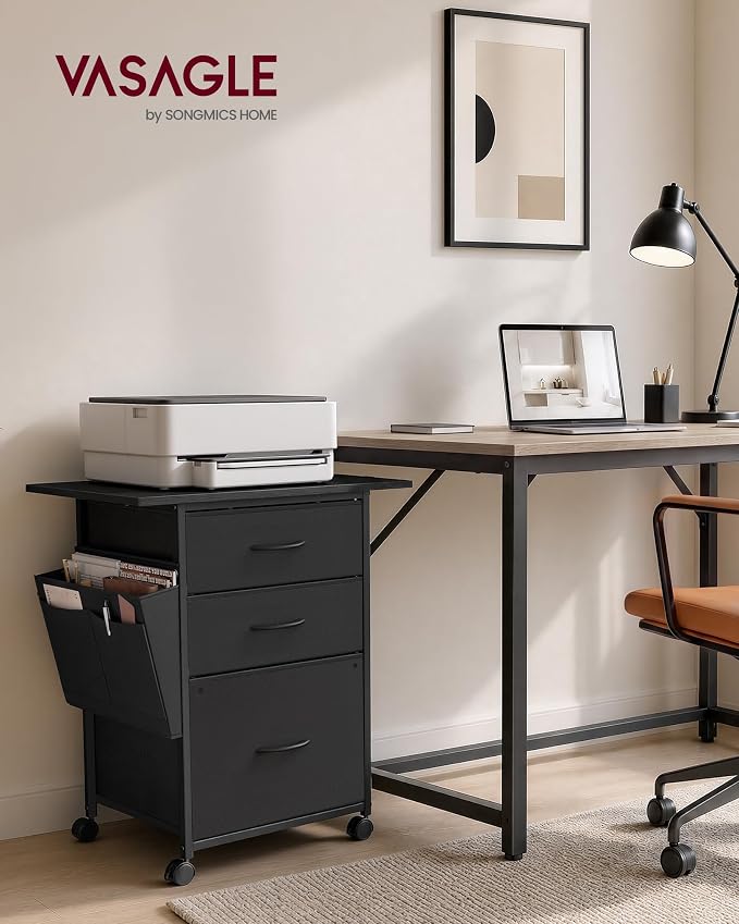 VASAGLE Mobile Printer Stand with Storage, Filing Cabinet, Side Pockets | Filing Cabinet for A4 Letter Size, 23.6 x 15.7 x 26.8 Inch, Ink Black, BELLAH Collection UOFC201BC01
