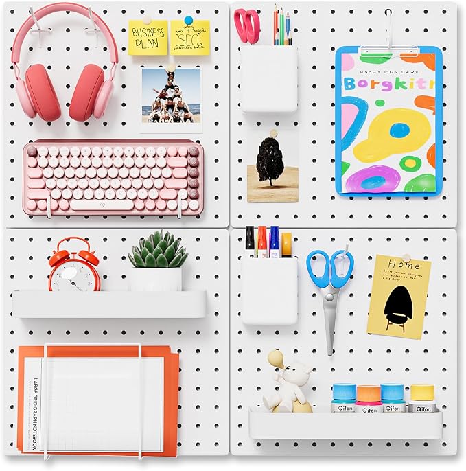 FZK White Modular Plastic Pegboard Wall Organizer Kit, 12x12, 4 Panels | ABS material, wall mount storage kit, includes hooks and shelves, drill free or screw installation, for home decor & office